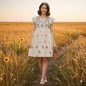 Clockhouse Boho Embroidered Floral Babydoll Dress S 6‎ Cottagecore Fairy Floral